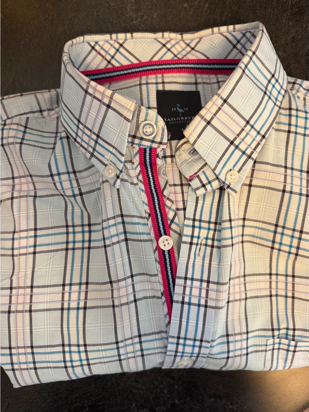 Tailorbyrd White Plaid Button-Down Shirt with Blue and Pink Stripes